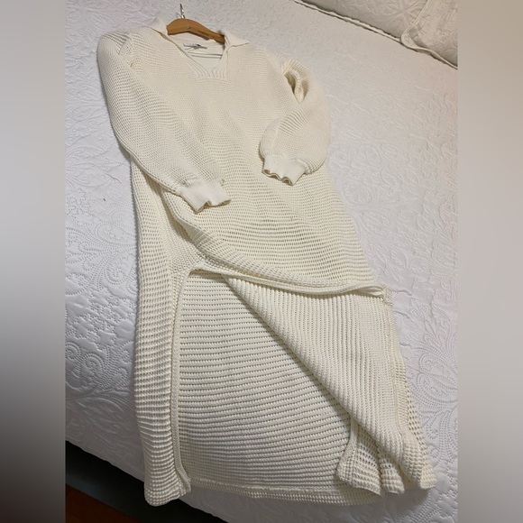 FRAME Ivory Crochet Long Sleeve Collared V-Neck Side Slit Maxi Dress - Picture 11 of 13